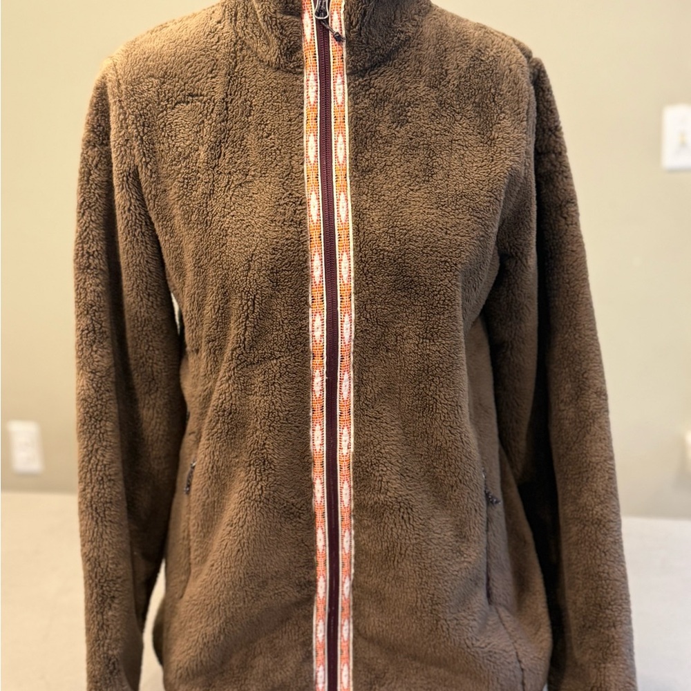 Orvis Brown Teddy Jacket with Patterned Trim